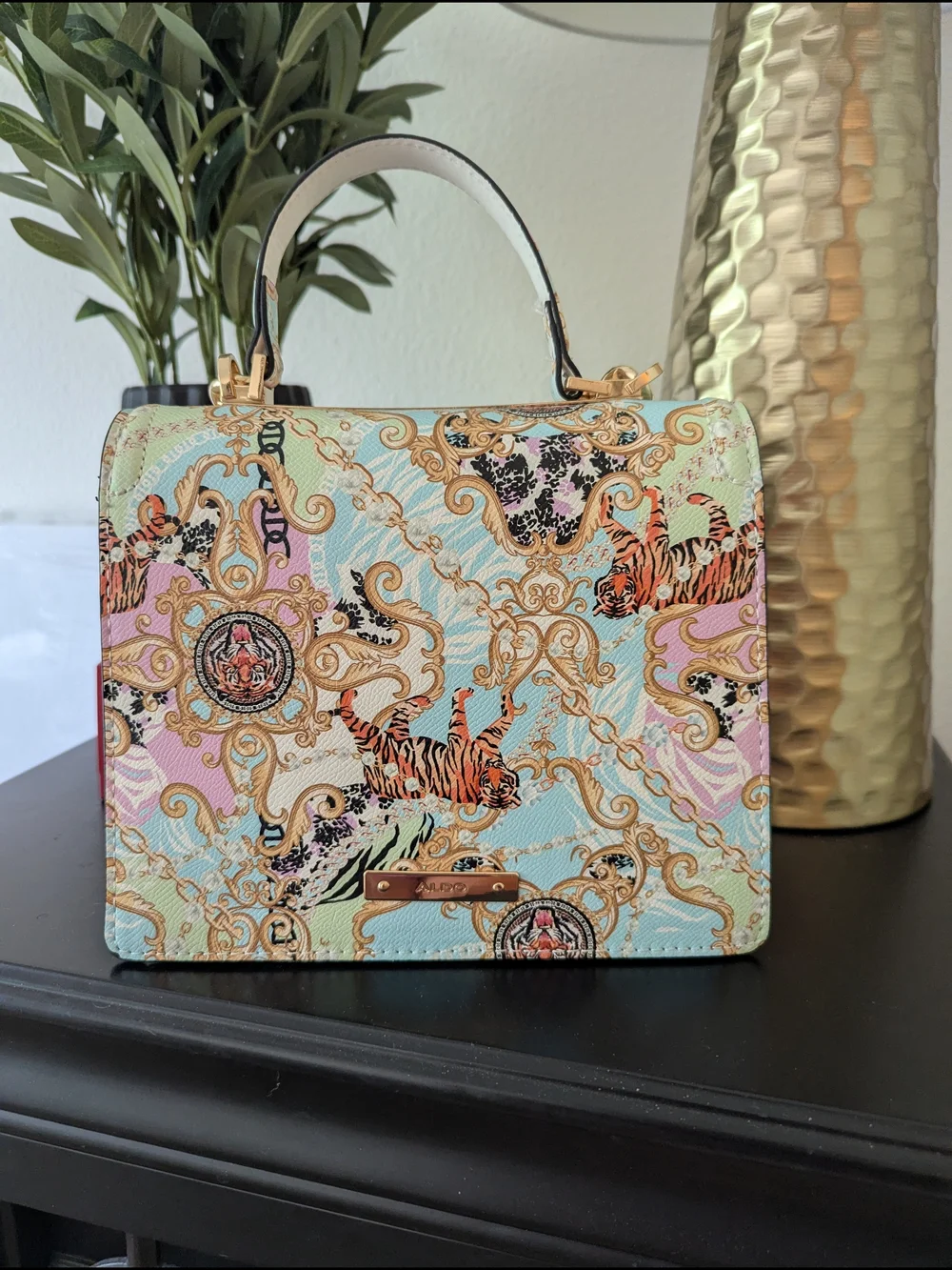 Pastel Tiger Print Top-Handle Bag with Gold Chain